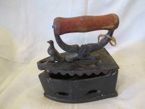 lot 211 image: Antique Charcoal sad iron with wood...