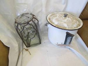 lot 233 image: Painted enamelware lidded pot, lidd...