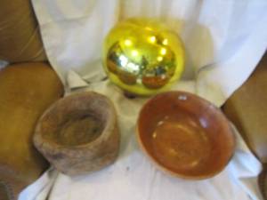 lot 269 image: Hand carved wood bowl, clay bowl an...