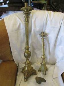 lot 300 image: Authentic Catholic Church Vintage 32 and 19 heavy brass candlestick holders and Hinged incense burner from a Catholic church