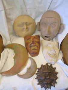 lot 320 image: Lot of (6) Mexican made Vintage clay masks and celestial wall decor