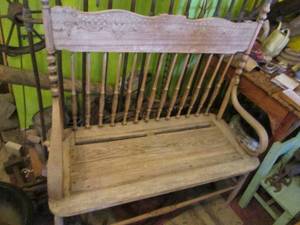 lot 323 image: Antique Hand carved wood Spindle back mission bench approx 38.517.544. Made of pecan wood