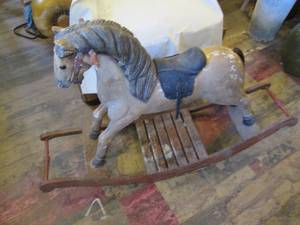 lot 336 image: Vintage hand carved wooden rocking horse approx 481431