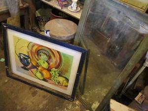 lot 344 image: Vintage 2144 wood framed wall mirror and framed canvas painting approx 26.535.5