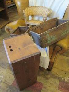 lot 352 image: Vintage open top wood boxes with Wicker Rattan doll sized club style chair