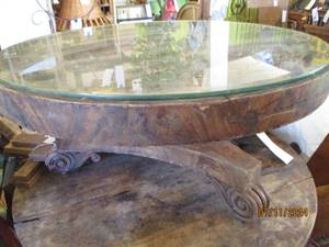 lot 18 image: Solid wood table with glass top mea...