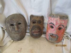 lot 171 image: Trio of hand carved wood warrior ma...