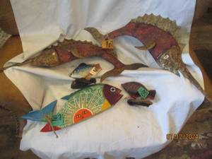 lot 542 image: Carved wood and metal fish...