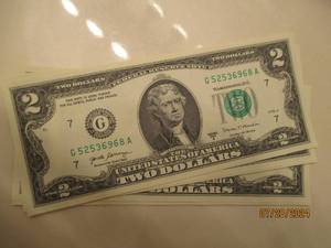 lot 2 image: Lot of 5 uncirculated $2.00 bills with consecutive serial numbers