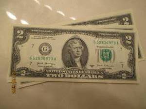 lot 3 image: Lot of 5 uncirculated $2.00 bills with consecutive serial numbers