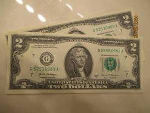 lot 5 image: Lot of 5 uncirculated $2.00 bills with consecutive serial numbers