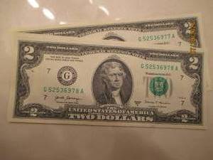lot 6 image: Lot of 5 uncirculated $2.00 bills with consecutive serial numbers