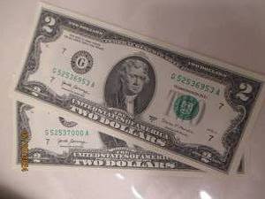 lot 11 image: Lot of 5 uncirculated $2.00 bills with consecutive serial numbers
