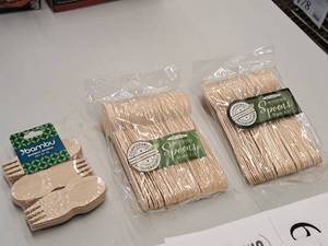 lot 689 image: (2 Packs) Wooden Spoons 50-count, (1 Pack) Sporks 24-count