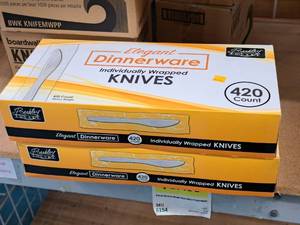 lot 739 image: Lot of (2 Boxes) Elegant Dinnerware Plastic Knives 420-count ( 840 total items )