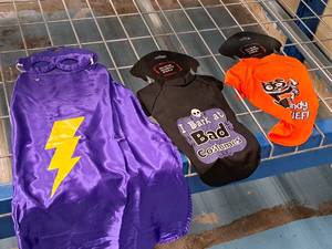 lot 1242 image: Pet Costumes - (2) Shirts - I Bark at Bad Costumes, Candy Thief, (1) Cape with Lightning Bolt