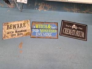 lot 1355 image: Lot of (3) w Metal Halloween Dcor Signs - Eternal Creatorium, BEWARE Little Monsters Live Here, A With and Her Monsters Lives Here