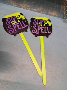 lot 1356 image: Lot of (2) h Stop By For A Spell logo Wooden Halloween Dcor Signs