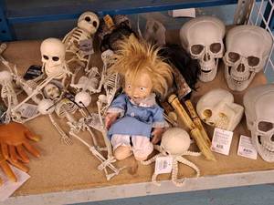 lot 1429 image: Assorted Halloween Dcor Props - Skulls, Dolls, Skeletons
