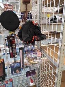 lot 1450B image: Assorted Costume Accessories - Pirate Hats, Berets, Judge Gavels, Genie Lamps, Wand, Helmet, Knives