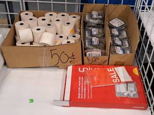 lot 1828 image: Assorted Office Supplies - (3 Boxes) Paper Clips, (1 Box) Receipt Paper Rolls, (1 Pack) Sale Tags and Badge Holders