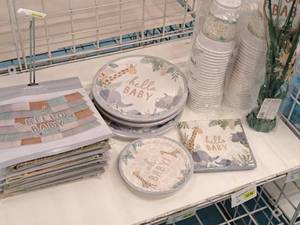 lot 2063 image: Assorted Baby Party Supplies - Backdrops, Plates, Cups, Napkins, Centerpieces