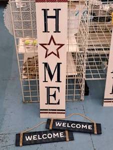 lot 1866 image: Lot of (3) Wooden Signs - HOME, WELCOME