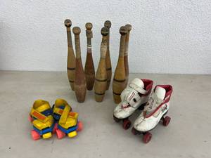 lot 68 image: Vintage Bowling Pins & Youth Roller Skates