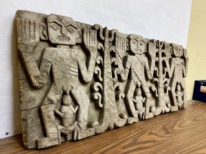 lot 38 image: Unusual Old Relief Carved Wood Tribal Storyboard or Stele