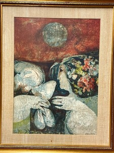 lot 71 image: Framed Signed Original Mid Century Painting on Board by Simon Alvar - Woman wBird