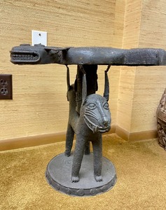 lot 25 image: Impressive Old Benin Bronze Stool wLeopard Base