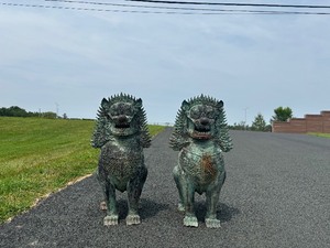 lot 1 image: Matching Pair of LARGE Antique Thai Bronze Singha Temple Guardian Lions