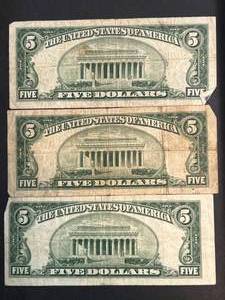 GROUP OF 3 US $5 BLUE SEAL SILVER CERTIFICATES