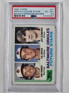 lot 6 image: Cal Ripken, Bob Bonner, Jeff Schneider Rookie 1982 Topps Orioles Future Stars No. 21 - PSA 4.5 VG-EX