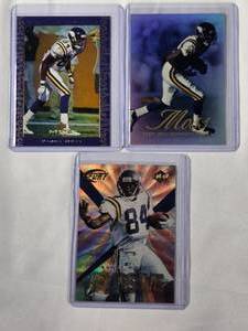 lot 156 image: Lot of 3 Randy Moss Inserts - 1999 Collectors Edge Xplosive, 1999 Upper Deck MVP, 2000 Fleer Showcase