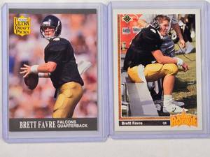 lot 162 image: Lot of 2 Brett Favre Rookie Cards - Fleer 91 Ultra Draft Picks No. 283 & Upper Deck Star Rookie No. 13