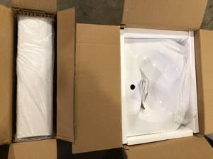 lot 46 image: Swiss Madison Modern White Ceramic Rectangular Chateau Pedestal Bathroom Vessel Sink with Round Single Faucet Hole Customer Returns See Pictures