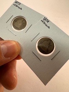 lot 95 image: 1873 & 1874 Seated Dimes WArrows