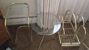 lot 12 image: (2) GlassBrass Side Tables  Magazine Rack