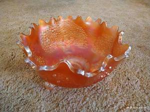 lot 71 image: Beautiful Dark Orange Carnival Glass Bowl w Tree Design