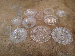 lot 75 image: Glass & Crystal Platters, Bowls, Pitcher, Deviled Egg Plate