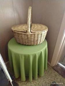 lot 84 image: Metal Table w Old Picnic Basket