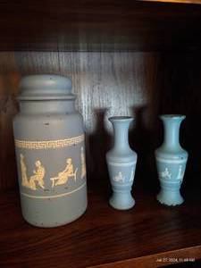 lot 97 image: Blue Painted Greek Glass Jar & Vases