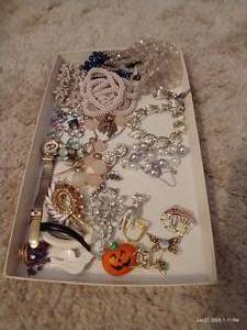 lot 119 image: Costume Jewelry- Pins, Necklaces, Clip Earrings, Etc