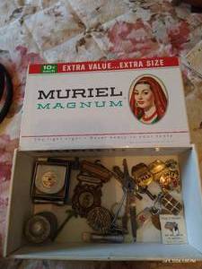lot 138 image: Cigar Box of Buttons, John Deere Measuring Tape, Etc.