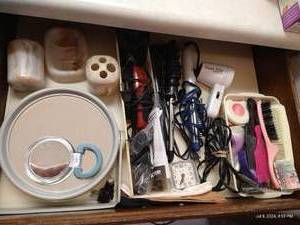 lot 185 image: Bathroom Drawer Contents - Curling Irons, Mirror, Etc