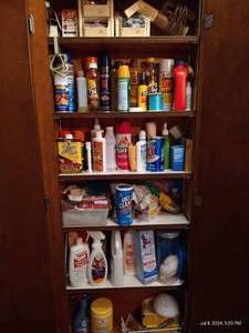 lot 200 image: Cabinet of Home Cleaners, Castors, Steamer, Polishes, Etc