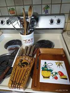 lot 204 image: Vintage Wood-Handle Utensils, Knives, Cutting Board