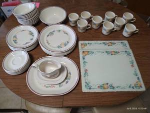 lot 227 image: Corning Ware Fruit Pattern Dishes, Cutting Boards, Gravy Boat