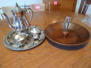 lot 271 image: Silver Plate Tea Pot, Sugar & Cream, Platter & Walnut Cracking Set